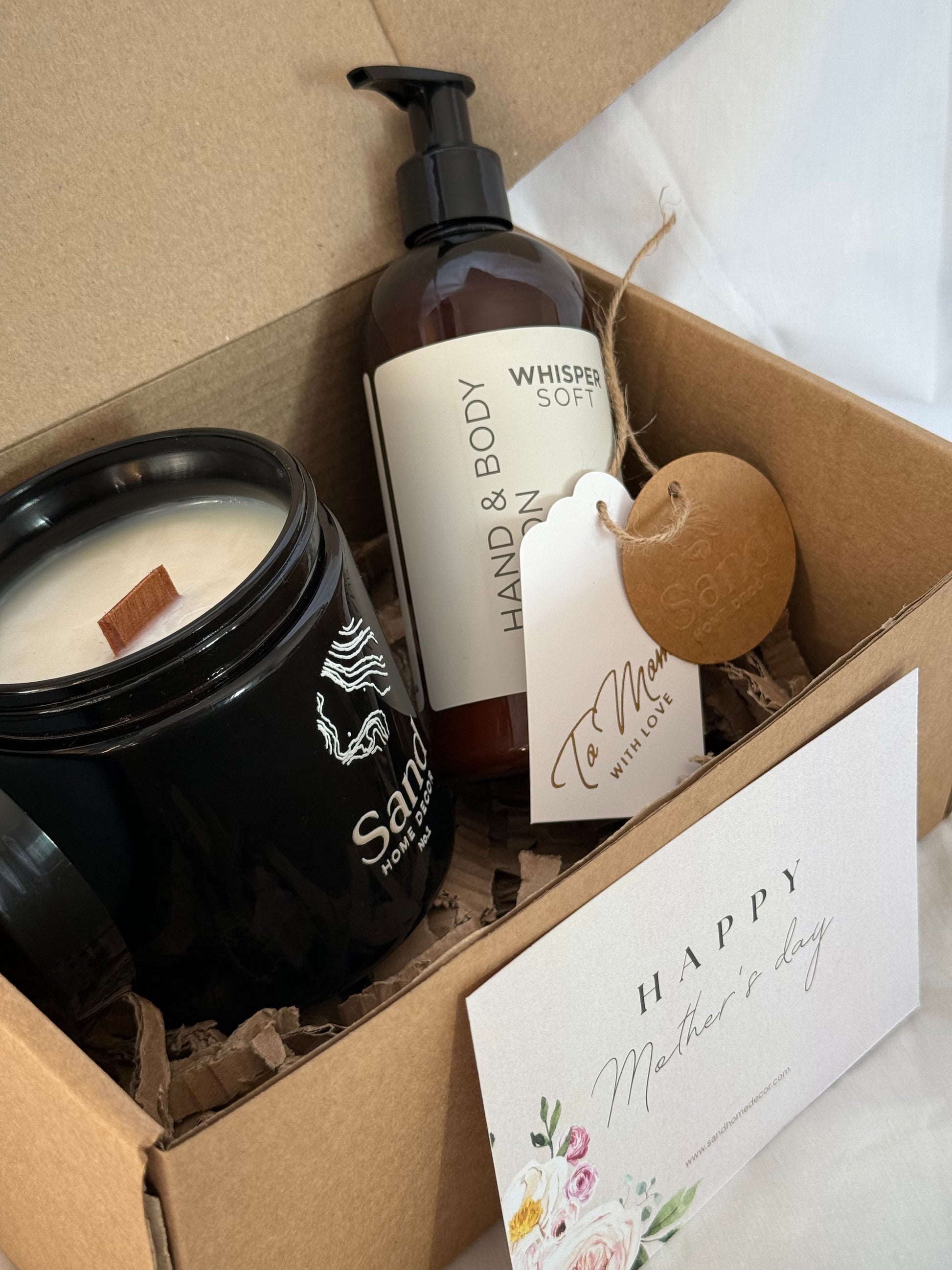 handmade luxury mothers day gift box with scented soy candle and hand lotion with a note to moms 